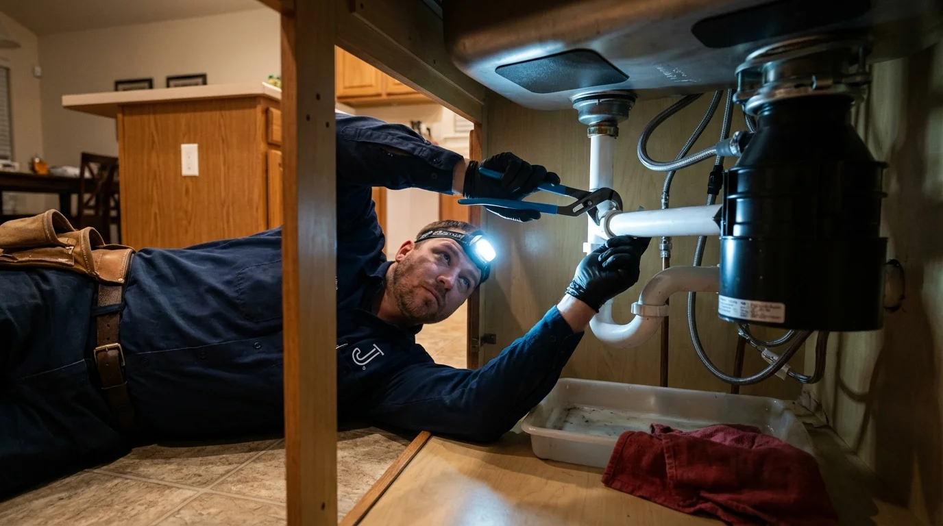 P-trap and supply line connections under a kitchen sink showing a common leak point in Norwalk, OH